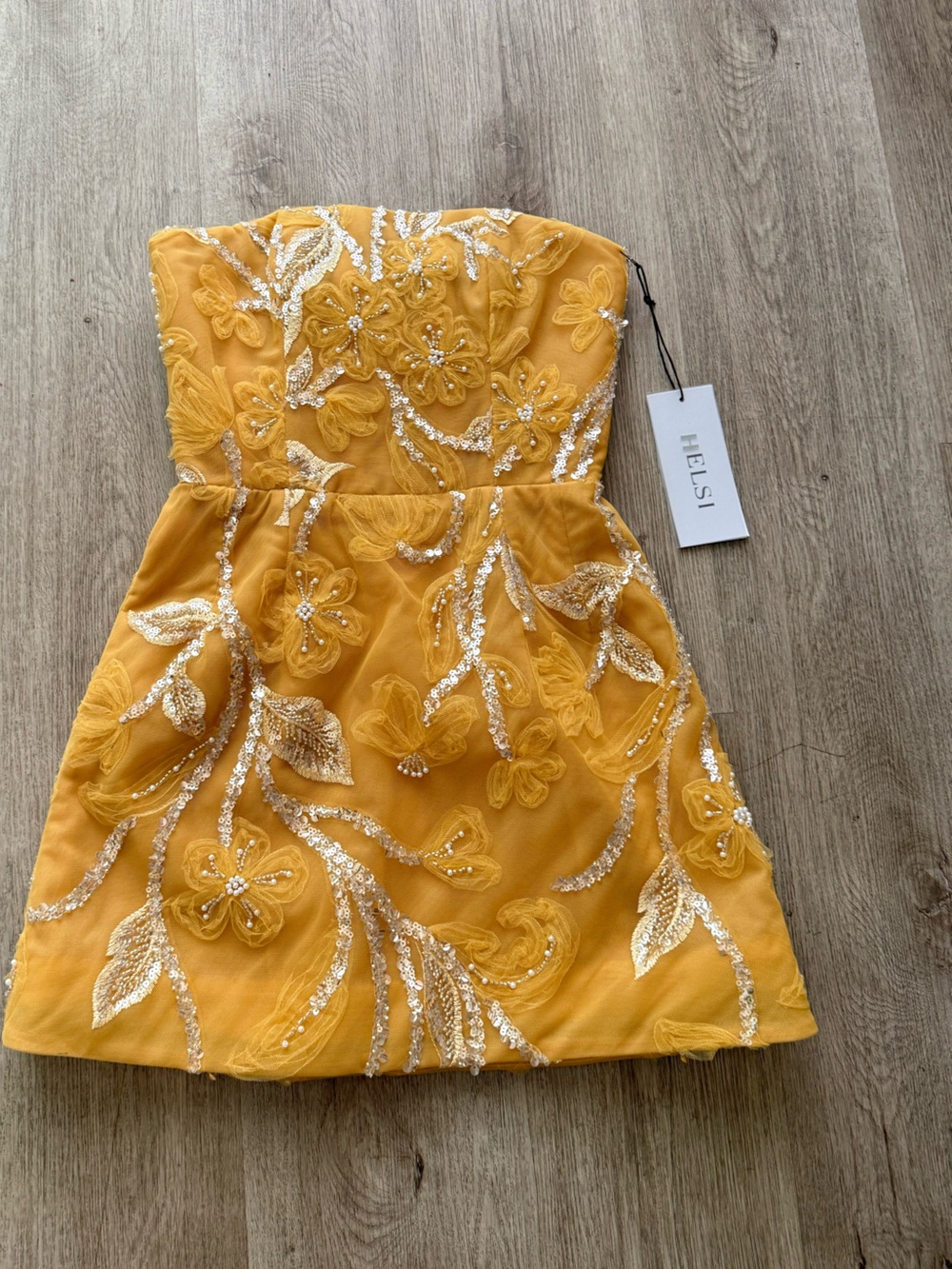 helsi marisa orange gold 3d flower applique embellished strapless mini dress XS